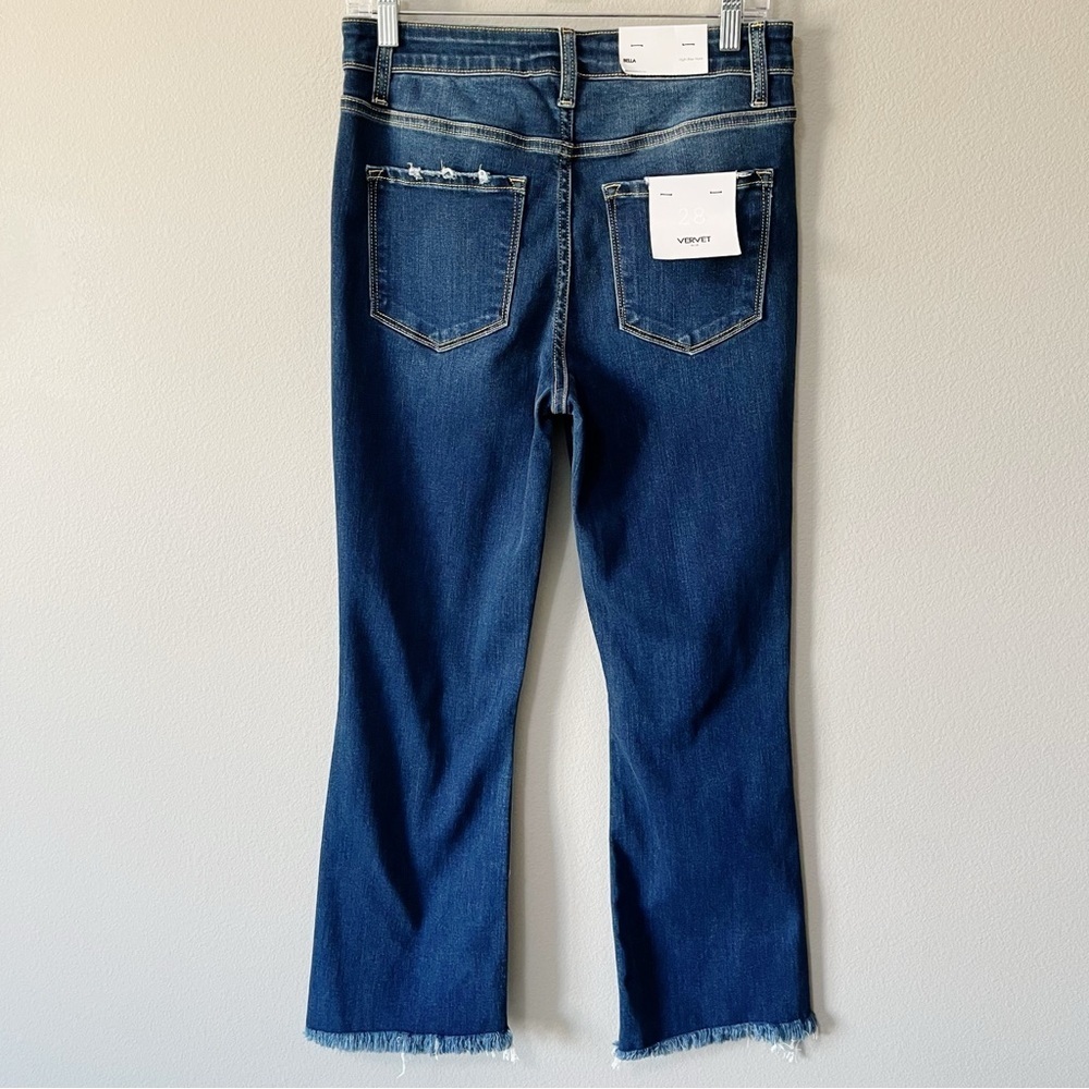 Vervet Women's Size 28/7 Bella Highrise Cropped Flare Blue Jeans Distressed NEW - Picture 9 of 14
